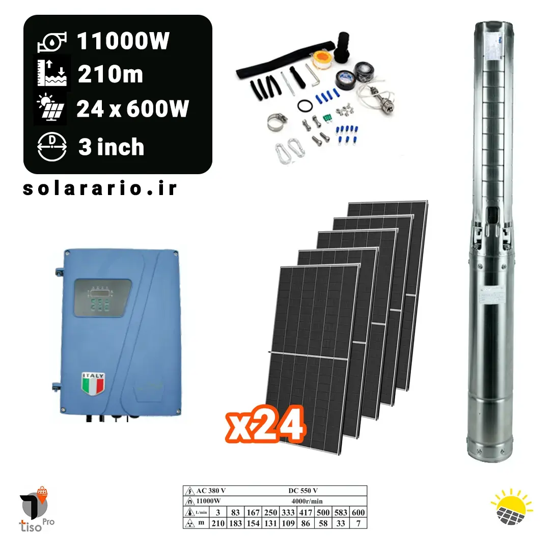 پکیج پمپ آب خورشیدی 14.5 اسب – 11000 وات – عمق 210 متری – 3 اینچ