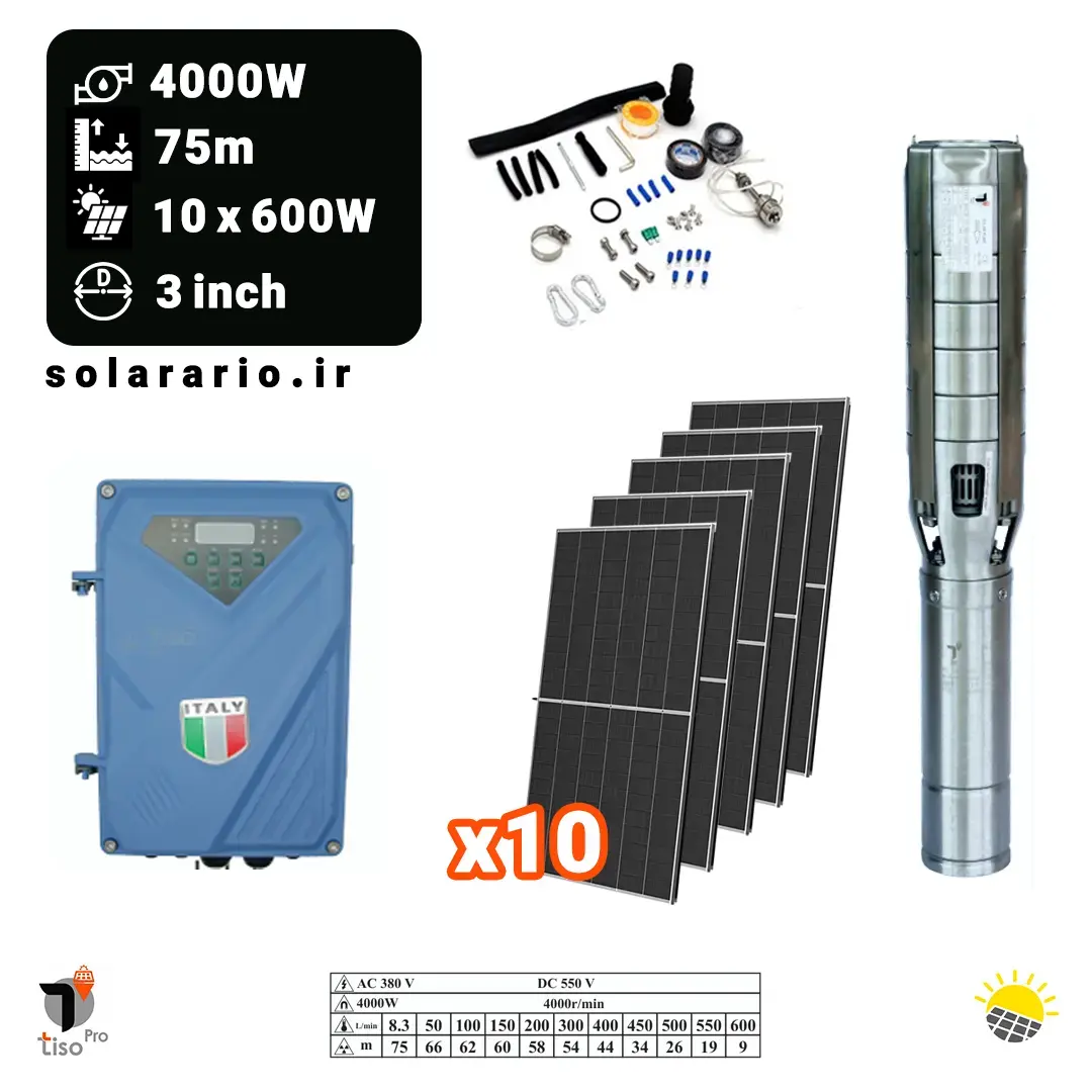 پکیج پمپ آب خورشیدی 5.5 اسب – 4000 وات – عمق 75 متری – 3 اینچ